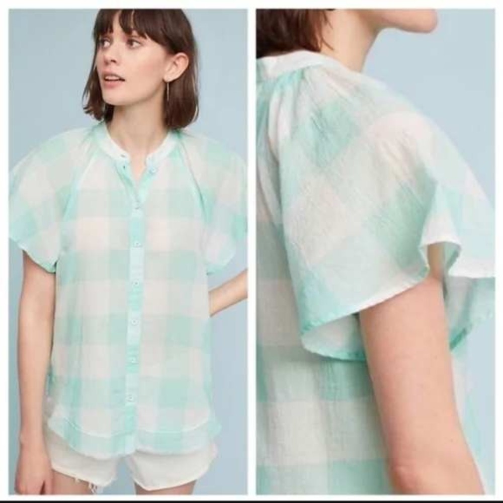 EUC Maeve Anthropologie Button Down Top Plaid Green White Short Sleeve Medium